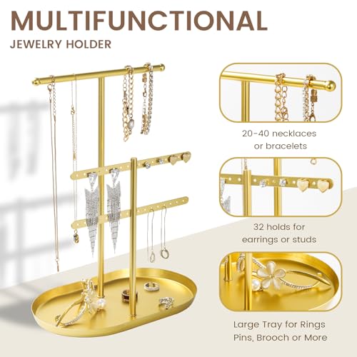 Saydear Elegant Jewelry holder Organizer: 2-Tier Display Storage Stand for Earrings Necklaces with Ring Tray Spacious and Durable, Easy to Assemble Gold - color: Gold