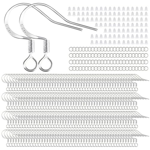 200 PCS/100 Pairs Earring Hooks 925 Sterling Silver Plated Hypoallergenic White Gold Tone Ear Wires Fish Hooks with 100 PCS Silicone Backs and Jump Rings Earring Findings for DIY Jewelry Making - color: White Gold