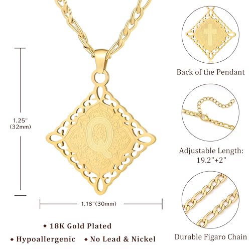 LETFLY Initial Necklaces for Women Men, 18K Gold Plated Letter Cross Pendant Necklace Alphabets A-Z Figaro Chain Jewelry Gifts - color: Rhombic, style: Letter Q