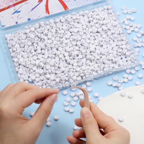 Song Xi 1200pcs Silver & White Round Acrylic Letter Beads - 4x7mm, Perfect for Jewelry Making, Crafts, Christmas DIY Gifts - color: 1200pcs white silver letter