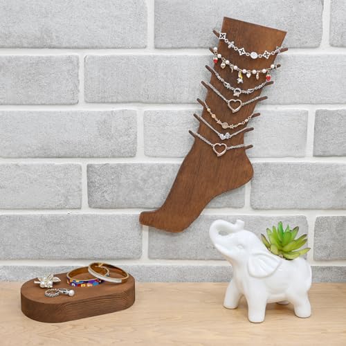 MOOCA 2 Pcs Set Two-Way Tabletop or Wall-Mountable Jewelry Display Natural Wood Foot-Shaped Bracelet Display, Anklets Display Storage, Wood Sturdy Base, Brown Color - color: Brown