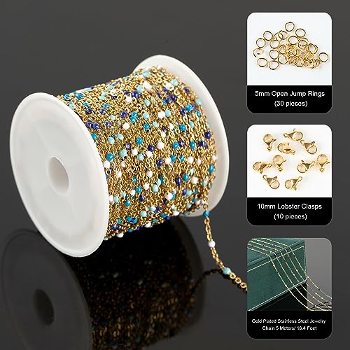 UMAOKANG 33 Feet/10M Blue Mixed Color Bead Chains for Jewelry Making Gold Plated Stainless Steel Soldered Cable Thin Chain on Spool Bracelet DIY Jewelry Findings - color: Blue Mixed Bead-Gold
