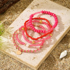 5Pcs Bohemian Multilayer Crystal Beads Stackable Bracelets Y2K Circle Disc Coin Pendant Colorful Beaded Elastic Stretch Bracelets for Women Boho Beach Vacation Holiday Jewelry Gift - color: Red