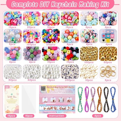 Wurosi 865 Pcs Bead Keychain Kit, DIY Bead Keychain Making Kit, Bag Charm Kit with Acrylic Heart Flower Alphabet Beads Key Chain Supplies for Jewerly Making Kit - color: 865 Pcs Bead Kit