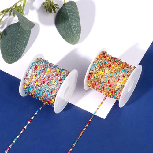 [16.5FT] 18K Gold PVD Plated Enamel Chains for Jewelry Making 2MM Stainless Steel Enamel Lip Link Chain Bulk for Necklace Bracelet - color: Gold Colorful