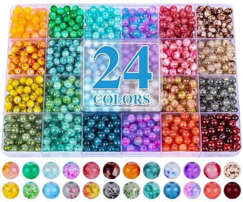 XSEINO About 1200+ PCS 6mm Ink Style Glass Beads Bracelet Making Kit, 24 Assorted Ink Colorful Series Crystal Beads for Jewelry Making and DIY Crafts, Friendship Bracelets - color: Ink Glass Beads