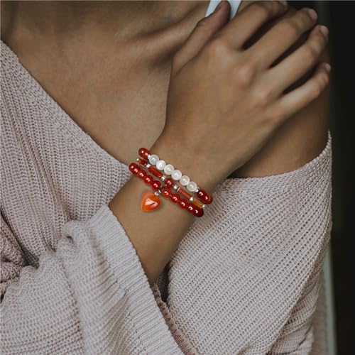 Vinswet Healing Crystal Beaded Bracelets for Women,Natural Amethyst Gemstones Bracelet,Anxiety Stress Relief Heart Charm Bracelet Handmade purple Jewelry Gifts for Women - color: Red agate&Moonstone