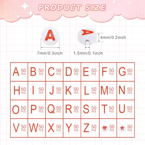 Looconi 1400pcs Red Letter Alphabet Acrylic Beads 7x4mm and Heart Star Beads for Jewelry Making - color: RedLetter