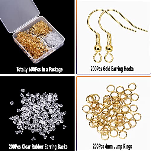 600Pcs Hypoallergenic Earring Hooks, Gold Earring Making Kit, with Earring Backs and Jump Rings for Jewelry Making (Gold) - color: Gold