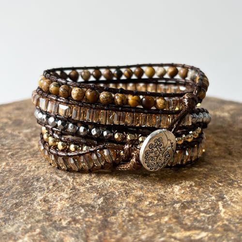 YGLINE Women Boho Handmade Natural Stone Crystal Leather Bead Wrap Bracelets Collection - color: Picture Jasper-5w