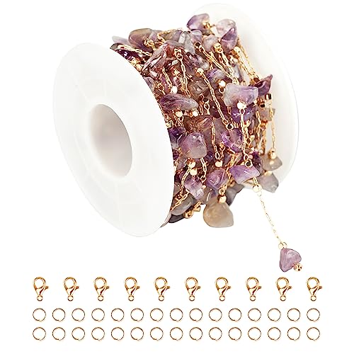 KYUNHOO 5 Meters Gold Plated Brass Chain for Jewelry Making Purple Irregular Natural Stone Crystal Necklace Chains Bulk with Jump Rings and Lobster Clasps - color: Natural Stone-Purple