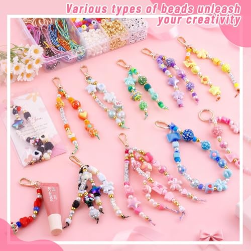 Wurosi 865 Pcs Bead Keychain Kit, DIY Bead Keychain Making Kit, Bag Charm Kit with Acrylic Heart Flower Alphabet Beads Key Chain Supplies for Jewerly Making Kit - color: 865 Pcs Bead Kit