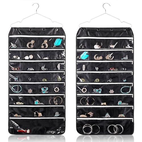 Flexzion Hanging Jewelry Organizer with Zippered Pockets - (1 Pack) Black Closet Jewelry Organizer Storage with Hanger, 56 Pockets Dual Sided Earring Organizer Hanging for Bracelets, Watches, Ring - color: Black 56 Pocket