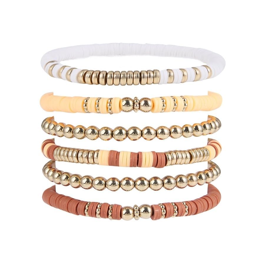 Pingyongchang Heishi Gold Beaded Bracelets Set for Women Men Bohemian Polymer Clay Colorful Surfer Vinyl Disc Stretch Layering Stackable Friendship Boho Bracelet Summer Beach Jewelry Gifts - color: Brown