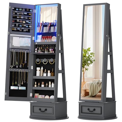 Vlsrka Mirror Jewelry Cabinet Standing, 360° Swivel Jewelry Armoire with Full Length Mirror, Lockable Mirror with Jewelry Storage, 3-Color LED Lights, Foldable Makeup Shelf, Grey - color: Grey-1