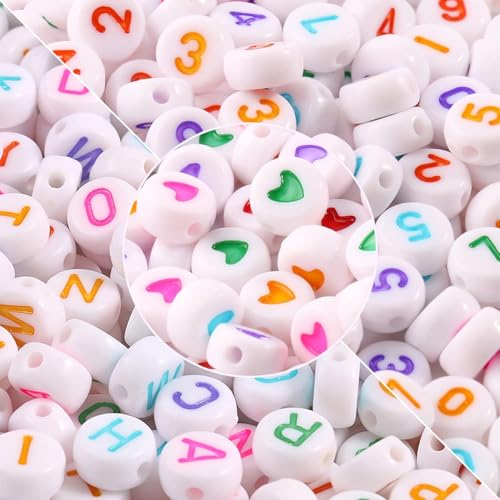 Yochus 1000pcs White Mixed Round Acrylic Beads 4x7mm Colorful Alphabet Number Beads Heart Shape Bead for Jewelry Making and DIY Bracelets - color: Colorful Letter&Number&Heart, size: 4x7mm