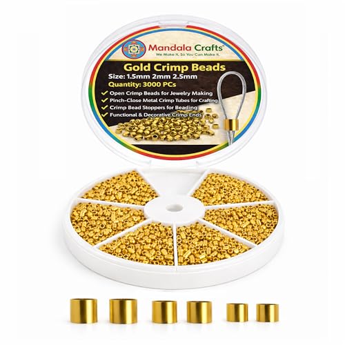 Mandala Crafts Jewelry Crimps Beads for Jewelry Making - 3000 PCs 1.5mm 2mm 2.5mm Gold Tone Crimper Tubes - Crimping Beads Stoppers for Beading - color: Gold Tone, size: 1.5mm 2mm 2.5mm Tube