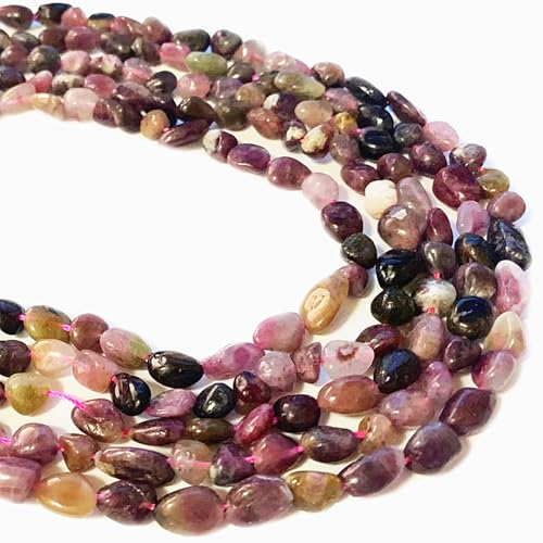 6-8mm Natural Mutilcolor Tourmaline Nuggets Oval Free Tumbled Pebble Semi Precious Gemstone Loose Stone Beads Approx 15.5 inch for DIY Jewelry Making - color: Mutil Tourmaline