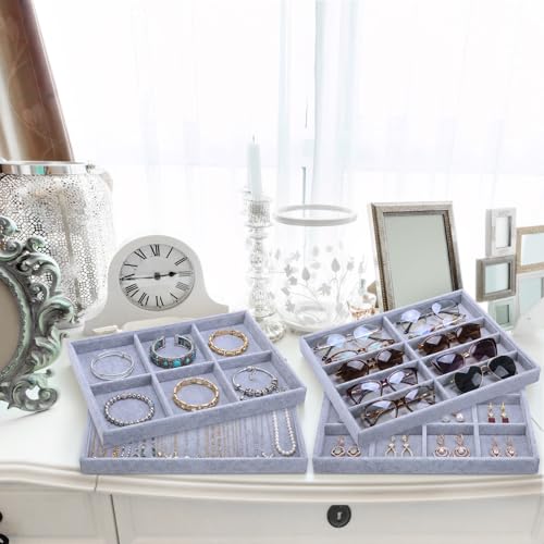 Tondiamo Set of 8 Large Stackable Jewelry Organizer Tray Set for Drawers Grey Velvet Jewelry Drawer Inserts Container Display Case Storage Display Trays for Earring Necklace Rings Bracelet Sunglasses
