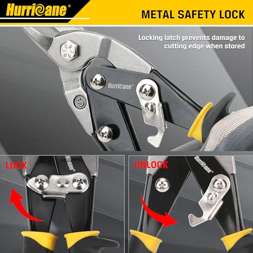 HURRICANE 3 pc Aviation Tin Snips Set, 10 inch Metal Cutter Shears for Cutting Sheet Metal, Cr-V Blades, Straight Left and Right Aviation Snips, with Ergonomical TyreGrip Handle and Safety Latch - size: 3 Piece Regular Set: Straight, Left, Right