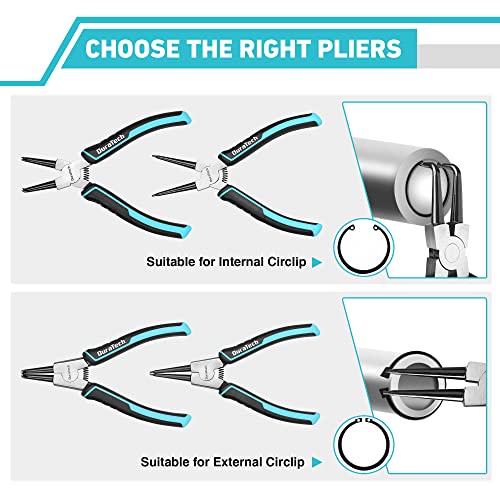 DuraTech 4 PCS Snap Ring Pliers Set, 7 Inch Heavy Duty Internal & External Circlip Pliers Kit with Straight/Bent Jaw, Premium CRV Steel, Precision Spring Loaded C Clip Pliers with Storage Pouch