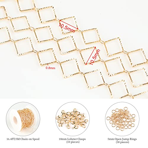KYUNHOO 16.4 Feet KC Gold Plated Brass Jewelry Chain Bulk Handmade Embossed Square Link Chains for Jewelry Making Supplies Craft Chain Spool with Jump Rings and Lobster Claps - color: Embossed Square Gold
