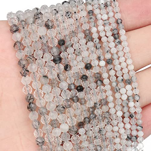 180pcs 2mm Natural Black Rutilated Quartz Gemstone Beads Faceted Round Loose Stone Beads for Jewelry Making (1 Strand) - color: Black Rutilated Quartz, size: 1.9-2.4mm