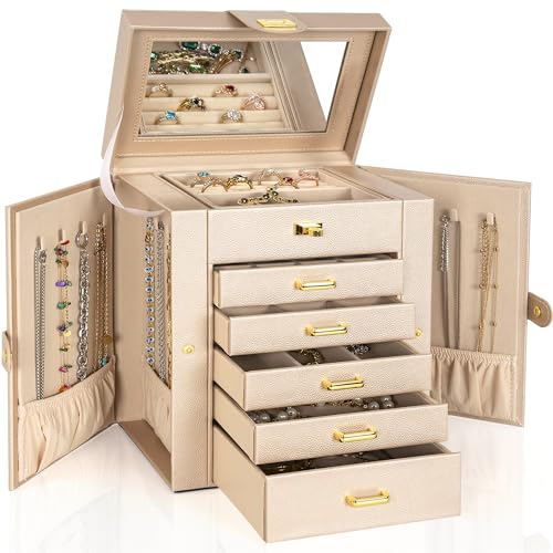 AKOZLIN 6-Tier Jewelry Box Organizer Functional Leather Jewelry Storage Case for Women Girls Ring Necklace Earring Bracelet Holder Organizer with Mirror - color: Champagne, size: Regular