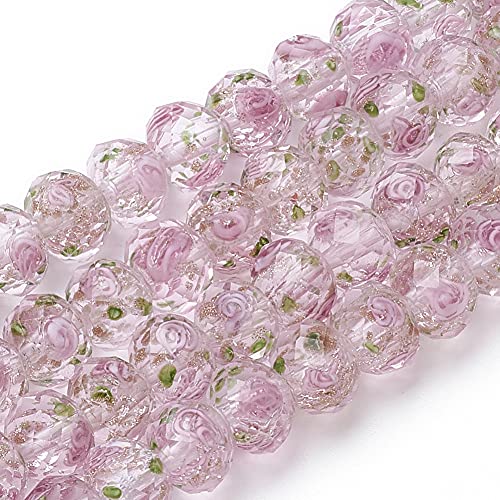 PH PandaHall 60pcs 8~10mm Pink Rose Lampwork Beads Gold Sand Glass Beads Flower Glass Beads 1.5~2mm Hole Floral Handmade Lampwork Beads Round Loose Beads for Rosary Making Jewelry Craft Making - color: Pink, size: 10mm