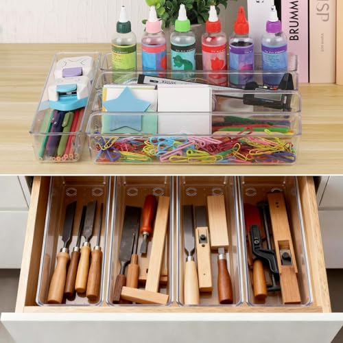 6 Pcs Large Clear Plastic Drawer Organizers Tray 12"x3" Storage Bins with 25 Pcs Non-Slip Pads for Makeup, Jewelries, Kitchen Utensils, Bathroom and Office - size: 12"x3"