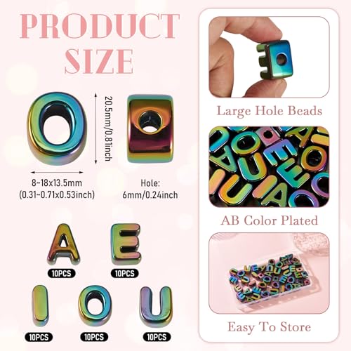 Cheriswelry 50Pcs Acrylic Letter Beads Vowel Alphabet Spacer Beads Large Hole European Bracelet Bead 20.5x8mm for DIY Crafts Necklace Keychain Lanyard Making Hole:6mm - color: Colorful