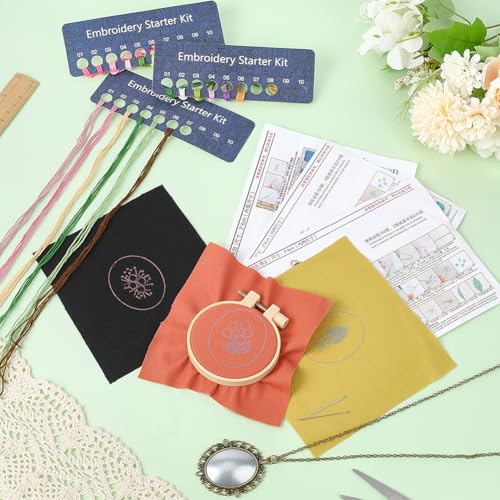 SUNNYCLUE DIY 3 Sets Embroidery Necklace Kits Embroidery Necklace Pendant with Chains Hoops Cloth Spring Flowers Pattern Stitch Kit for Jewelry Making Crafts Supplies Adults Beginner Starter Women - style: Flower 1