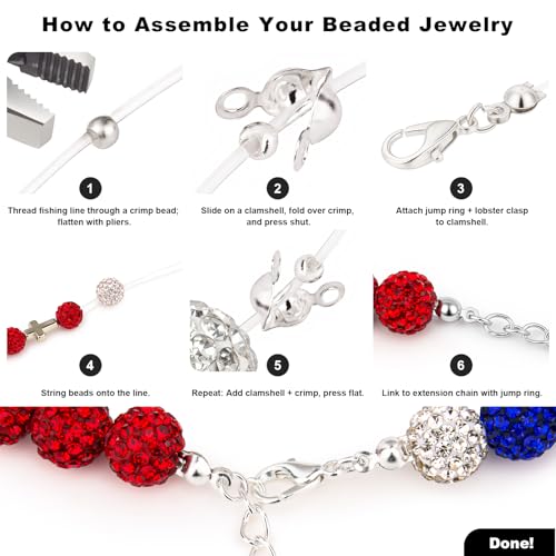 256Pcs 10mm Rhinestone Beads Kit 3 Colors, Round Sparkle Disco Ball Rhinestone Beads Set with Cross Charms and Accessories for DIY Baseball Necklaces Bracelets Earrings Jewelry Making - color: White, Deep Blue & Yellow