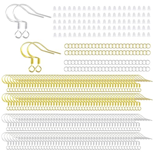 200 PCS 14K Gold Tone and Silver Earring Hooks 925 Sterling Silver Plated Hypoallergenic Ear Wires Fish Hooks with 100 PCS Clear Silicone Earring Backs and 100PCS Jump Rings for DIY Jewelry Making - color: 14K Gold and Silver