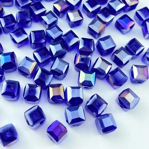 Crystal Glass Beads 100 Pieces 6mm Cube Crystal Glass Beads Faceted Square Shape Spacer Beads for Jewelry Making Bracelet Earring Necklace DIY Craft Making Supplies(Deep Blue AB) - color: Deep Blue AB, size: 6mm