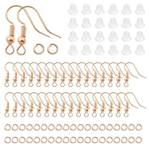 TOAOB 300pcs Earring Hooks Kits Rose Gold French Ear Wires with Ball and Coil 18mm Fish Hook Earring Making Supplies with Jump Rings and Clear Silicone Ear Backs for DIY Jewelry Findings - color: Rose gold