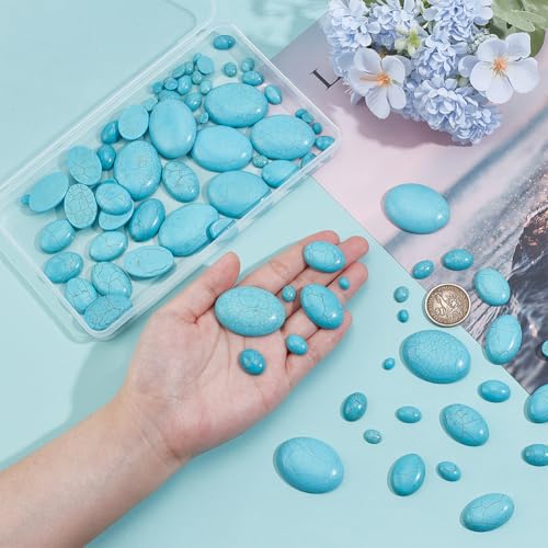 PH PandaHall 84pcs Synthetic Turquoise Stone Cabochons, 7 Sizes Flat Oval Cabochons Blue Texture Gemstone Tiles for Bracelet Necklace Earring Cameo Carfts Jewelry Making, 8/10/14/18/25/30/40mm - size: 8/10/14/18/25/30/40mm