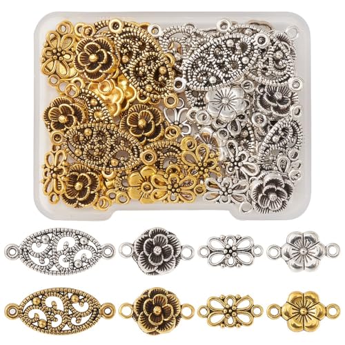 Assorted Metal Connectors Pendants Charms for Jewelry Making with Double Loops Flower Evil Eyes Butterfly Heart Cross Links Golden Pendants for Necklaces Bracelets Earrings - color: FloralA- 48 pcs