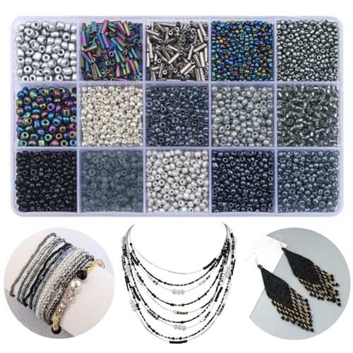15 Color 4mm Small Assorted Glass Seed Beads,3mm Bugle Beads Friendship Bracelet Kit,2mm Tiny Tube Bead for Jewelry Making(Black) - color: black
