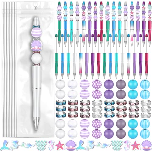 Colarr 24 Sets Plastic Beadable Pens DIY Pens Making Kit Assorted Wood Beads Crystal Spacer Black Ink Ballpoint for Women Crafts Office Family Gifts(Mermaid) - style: Mermaid