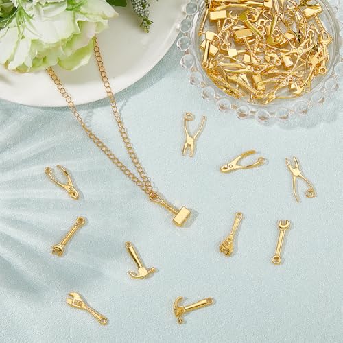 Beebeecraft 60Pcs 6 Style Mini Tool Charms 18K Gold Plated Alloy Hammer Wrench Charm for Jewelry Making DIY Crafts Bracelet Necklace Supplies - color: 60Pcs #1