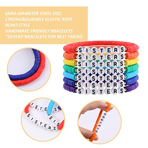 Rainbow Heishi Surfer Bracelets Set for Women Stackable Clay Beaded Bracelets Disc Stretch Preppy Bracelets Layering Colorful Friendship Bracelets Team Cheer Bulk Boho Summer Beach Jewelry Gift - style: SISTERS