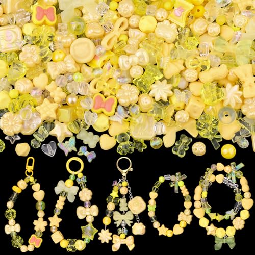 200-260PCS TINKRSTUFF Assorted Yellow Acrylic Beads for Bracelet Making,Cute Beads for Jewelry Making Flower Bow Butterfly Candy GummyBear Aesthetic Bracelet Charms, DIY Necklace Keychain Phone Charm - color: YELLOW