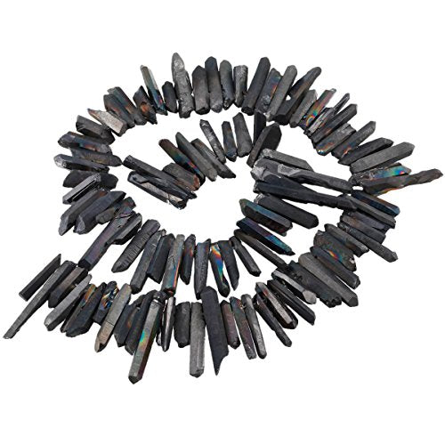 SUNYIK Black Titanium Coated Crystal Points Quartz Rough Sticks Spikes Point Beads 15 inch Strand Drilled - color: Black(Rough), size: 0.4"-1.3"