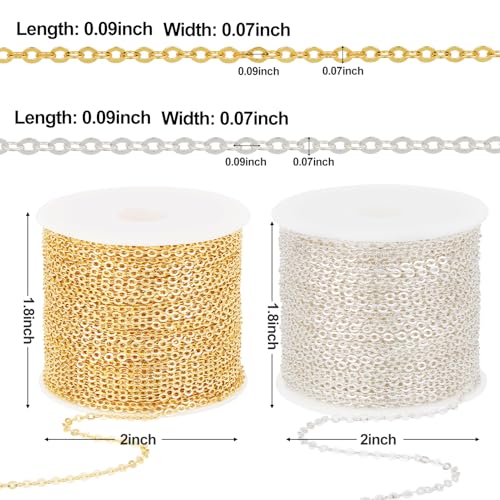 Kyutong 65.6 Feet Stainless Steel Jewelry Making Chains Bulk on Spool 2 Rolls Cross Cable Chain Links Gold Silver Craft Jewelry Supplies with Lobster Clasps Jump Rings for DIY Handcraft - color: Cable Chain
