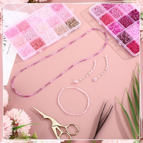 Jexine 2 Sets 30 Colors Glass Seed and Bugle Beads Kit Small Loose Craft Beads for Jewelry Making DIY Crafts Bracelets and Necklaces(Pink, Rose Red) - color: Pink, Rose Red