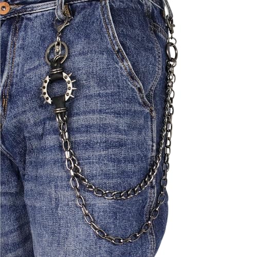Layered Punk Pants Chain for Men Women, Gothic Hip Hop Jean Chain Wallet Chain Biker Trouser Chain, Goth Emo Fashion Keychain Accessories - color: 2L-Black Spiked