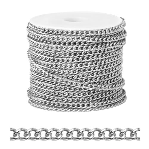 [66 FT] Stainless Steel Curb Chains Bulk for Jewelry Making, 3mm 304 Stainless Steel Flat Twisted Links Curb Chains Roll Spool for Jewelry Making DIY Craft - color: Stainless Steel, size: 3.0mm width