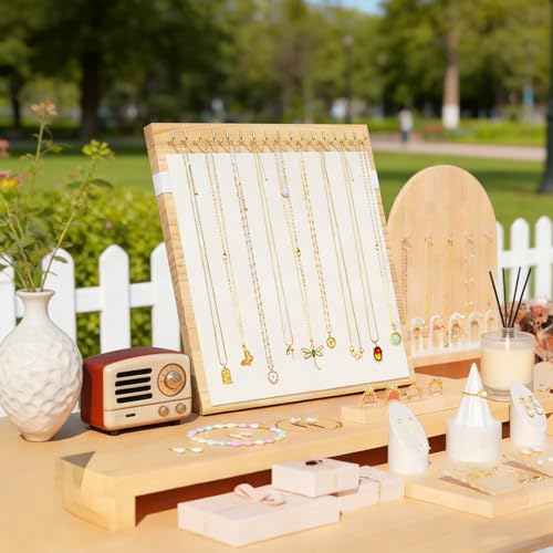 Necklace Dispaly Stand with 18 Hooks, Wooden Velvet Necklace Organizer Holder for Dispaly Necklaces Bracelet, Jewelry Stand Display with Elastic band for Selling Vendors Home,Beige
