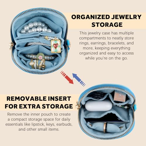 Velvet Travel Jewelry Pouch, 2-in-1 Clamshell Case with Detachable Insert, Portable Travel Jewelry Organizer with Wrist Strap, Converts to Mini Coin Purse, Gift for Women & Girls (Teal Blue) - color: Teal Blue